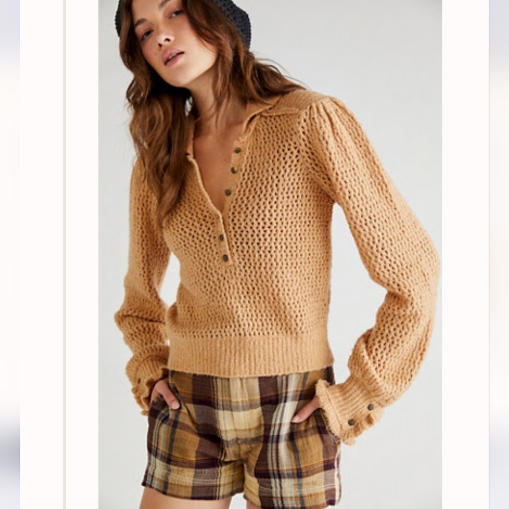 Free People Care FP Snowdrift Pullover Brown Tan Half Button Up  Sweater L